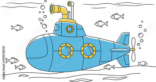 Cartoon submarine, underwater scene, blue and yellow, playful design, fish, bubbles, periscope, portholes, propeller, ocean, marine, vector, illustration, children, coloring, fun, stylized, aquatic, 