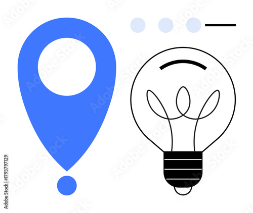 Bold blue location pin and light bulb outline symbolize creativity and navigation. Ideal for innovation, discovery, brainstorming, technology, startups, guidance, strategy. A simple flat metaphor