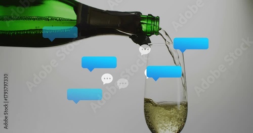 Tilted green bottle starting pouring into tall flute, chat bubbles appearing and showing chat
