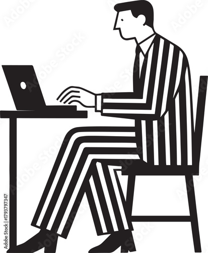 Striped Man Working on Laptop – Minimal Black & White Geometric Illustration