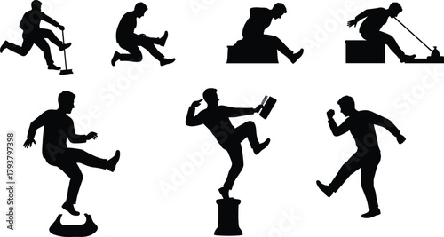 Silhouette person in motion, physics concept illustration, mechanical movement, force and balance, dynamic poses, educational design, kinetic energy, interaction study