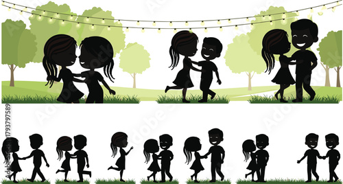 PSilhouettes of dancing couple, romantic park scene, string lights ambiance, graceful movement sequence, outdoor love story, elegant poses, serene nature backgroundt