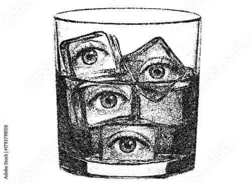 Retro xerography halftone engraving of a whiskey glass with surreal ice cubes containing human eyes — black and white vintage conceptual art
