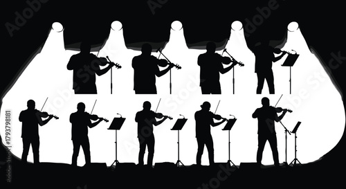 Violinists performing on stage, silhouette musicians, classical concert, orchestral harmony, spotlight lighting, music ensemble, artistic composition, live performance, dramatic scene, elegant mood