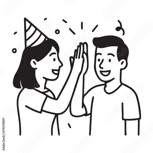 Celebrate teamwork with a high five! Joyful friends achieving goals together, vector illustration of success, collaboration, and party vibes.