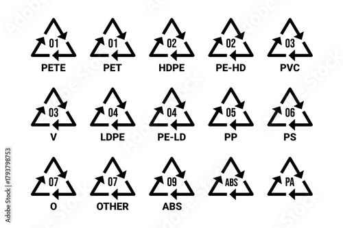 All plastic recycling code icon set. Plastic recycling code symbol icons isolated on white background. Plastic recycling codes- 01 PET, 02 HDPE, 03 PVC, 04 LDPE, 05 PP, 06 PS, 07 OTHER, 09 ABS, PA