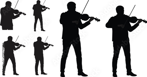 Violinist silhouettes, musical action, expressive posture, artistic scale, black figures, classical performance, dramatic layout, isolated view, creative composition, vertical grid