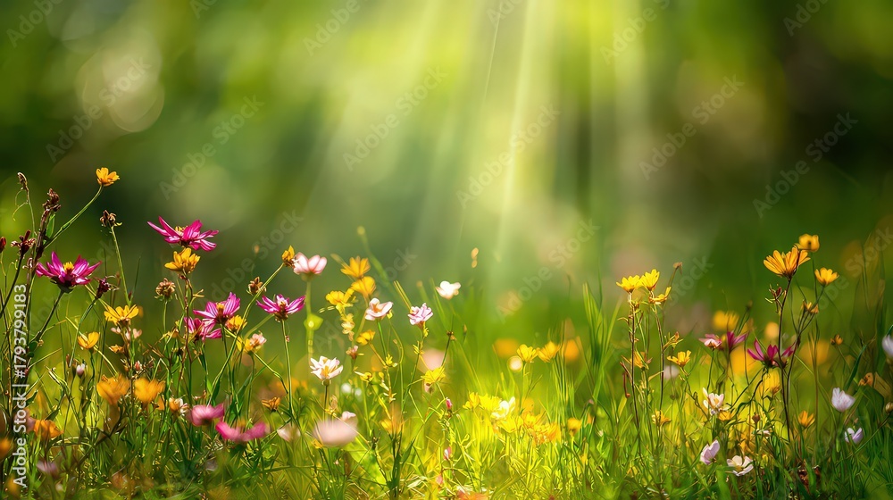 Fototapeta premium Vibrant Wildflower Meadow Under Radiant Sunlight in Springtime Bokeh Green Background