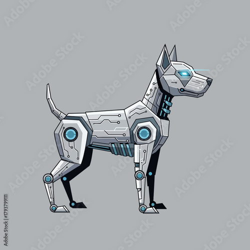 Illustration of a robotic dog with blue lights and circuit board details on a gray background.