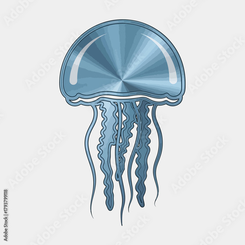 Illustration of a blue jellyfish with long tentacles on a white background.