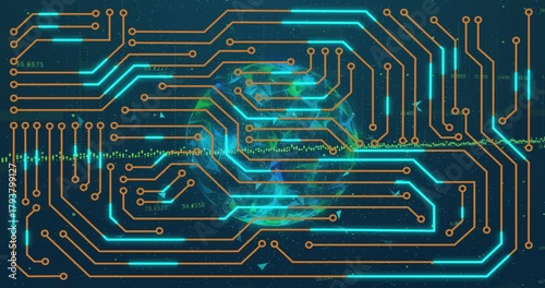 Edges sending PCB traces sweeping in, coating globe with green wave, cyan pulses showing data flow