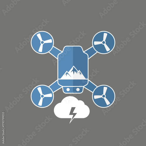 Drone with mountain and cloud icon on gray background.