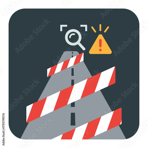 Road closure icon with barricades, magnifying glass, and warning sign.