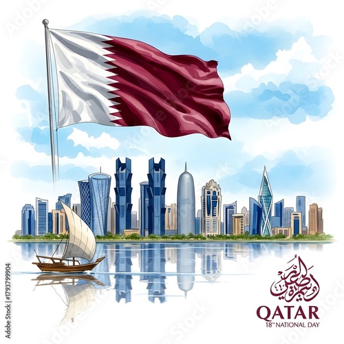 Watercolor illustration of qatar national day with a sailing dhow and cityscape reflected in the water