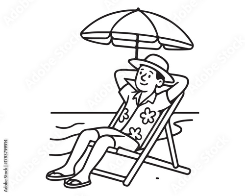 Relaxing beach vacation escape with smiling man enjoying downtime in chair under umbrella, a perfect summer getaway, line art style illustration