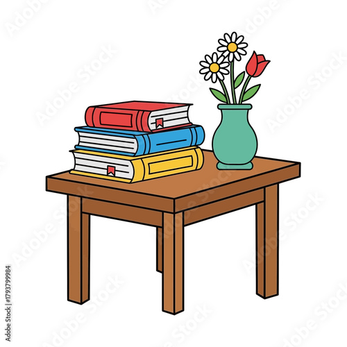 A simple cartoon illustration showing a stack of colorful books and a vase of flowers on a small wooden table.