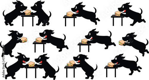Cartoon black dogs, eating sandwiches, playful dog poses, food interaction, table scene, cute animals, humorous illustration, expressive pets, vector art, seamless pattern