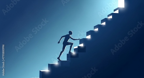 Silhouette of a person climbing stairs towards a bright light.