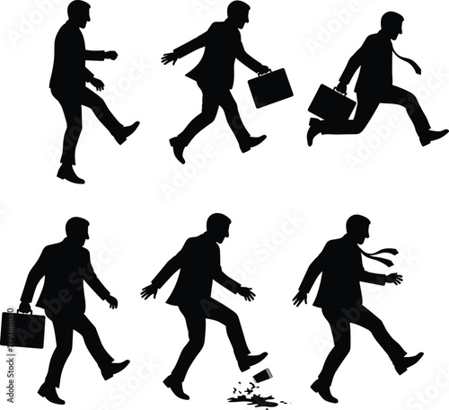 Businessman silhouette, exaggerated walk, funny movement, briefcase action, comic pose, vector illustration, humor concept, dynamic steps, office parody, walking sequence