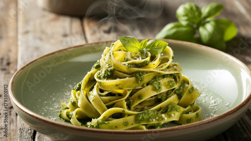 Hausgemachte Pasta mit grünem Pesto und Basilikum