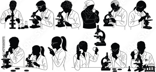 Laboratory scientist silhouette, microscope research, petri dish analysis, lab coat figure, science teamwork, medical testing, clinical study, vector illustration