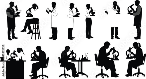 Microscope, scientist, laboratory, silhouette, research, science, education, analysis, biology, chemistry, teamwork, experiment, medical, healthcare, technology, observation, academic, innovation, 