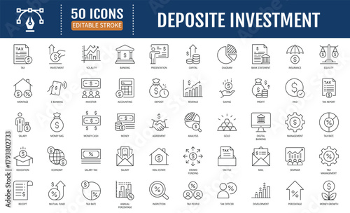 Deposit Investment Icon Set. Includes investment, saving, banking, finance, economy, economy and more. Vector Illustration with Editable Strokes