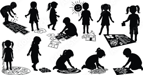 Children silhouette playing, learning, drawing, building, exploring, interacting, early education, preschool activity, educational toys, creative play, childhood development, fun learning,  