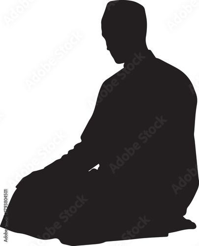 Silhouette of a Muslim man praying or meditating, kneeling in devotion, symbolizing worship and spirituality, isolated on a white background.