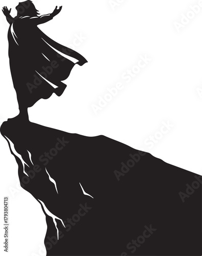 Dramatic silhouette of a person on a cliff edge, arms outstretched towards the sky, symbolizing freedom, worship, or spiritual triumph.