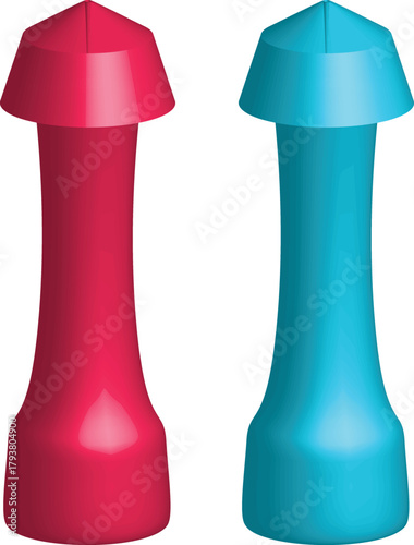 Vibrant Red and Cyan Abstract Geometric Objects, resembling Stylized Chess Pawns or Modern Design Elements in a 3D Rendering.