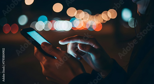 Close-up of hands using a smartphone at night with bokeh lights in the background.
