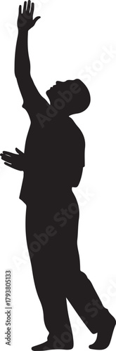 Black silhouette of a man reaching up with one arm and looking upward, a person gesturing or stretching towards the sky, isolated on a white background, concept of aspiration or praise