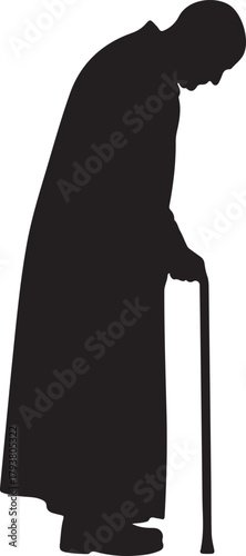 Elderly Person Silhouette Leaning on Cane: A Symbol of Old Age, Frailty, and Contemplation. This stooped senior figure relies on a walking stick for support, conveying themes of aging, vulnerability