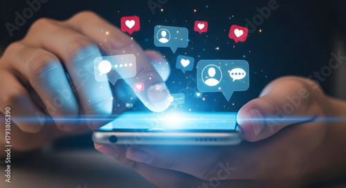 Close-up of hands using a smartphone with social media icons and notifications appearing.