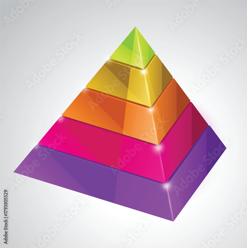 Colorful 3D Layered Pyramid Chart or Infographic Template Showing Hierarchy, Levels, or Stages