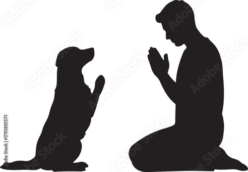  Human and Dog Silhouette Man Kneeling with Clasped Hands Beside a Dog with a Raised Paw, Symbolizing Devotion, Asking, or a Strong Pet-Owner Bond.