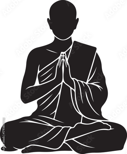 Buddhist monk or spiritual figure silhouette meditating or praying in a peaceful pose, symbolizing wisdom and inner calm, ideal for yoga and zen concepts