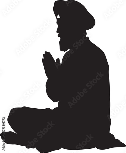 Black Silhouette of a Man in Turban Praying or Meditating, Depicting Spirituality, Devotion, and Inner Peace