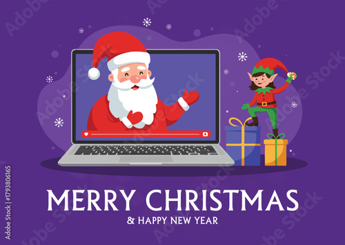 Santa Claus on a Video Call with an Elf Delivering Gifts onto a Laptop, Merry Christmas and Happy New Year