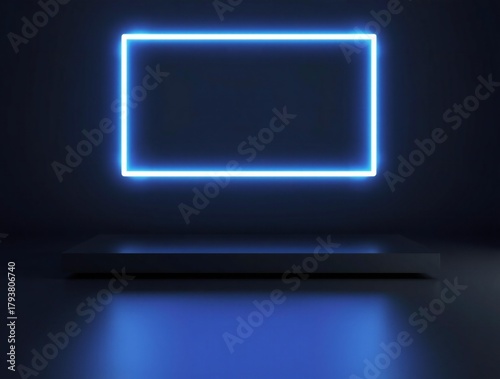 Glowing blue neon rectangle frame against a dark background with reflection
