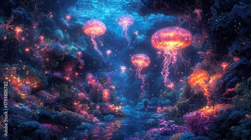 Fototapeta Naklejka Na Ścianę i Meble -  Luminous jellyfish illuminate vibrant coral reef at night.