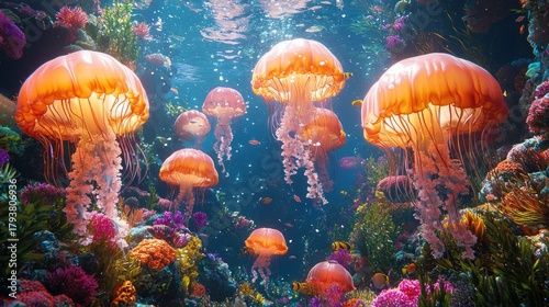 Vibrant jellyfish swarm over a colorful coral reef.