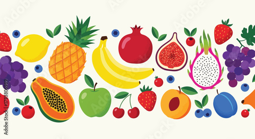 Colorful assortment of fresh fruits including berries, citrus, and tropical varieties in flat design
