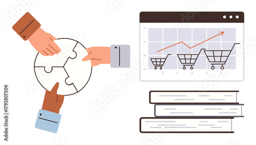 Hands assembling puzzle piece, shopping carts on growth chart, stacked books. Ideal for teamwork, strategy, e-commerce, education, growth innovation collaboration. Vibrant flat metaphor