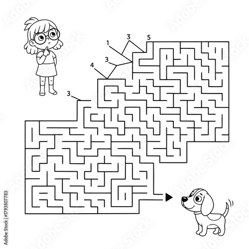 Cute girl and dog maze puzzle with numbered path for kids, black and white line art