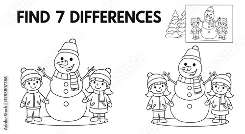 Find 7 differences puzzle with snowman and kids coloring page for children