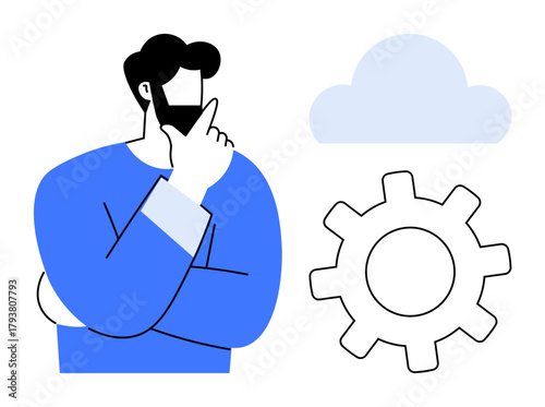 Man thinking with hand on chin near cloud and gear. Ideal for cloud computing, innovation, technology, decision-making, engineering, automation, and modern solutions. Simple flat metaphor