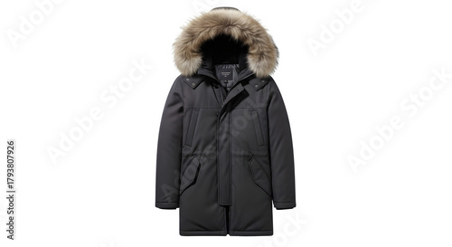 A stylish dark gray winter parka with a fur lined hood and practical pockets for cold weather fashion