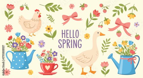 Colorful hello spring illustration with flowers, birds, and watering cans in cheerful design